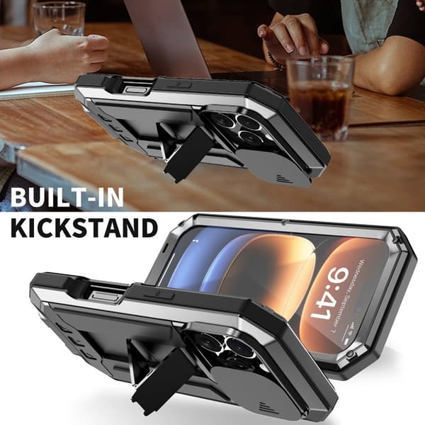 R-JUST Mobilskal till iPhone 16 Pro Kickstand Silicone+Metal+PC Svart