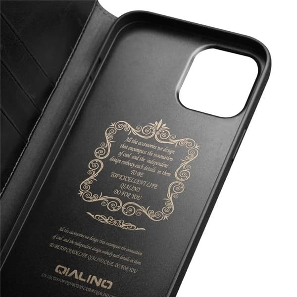 QIALINO iPhone 13 Mini Plånboksfodral Äkta läder - Svart Svart