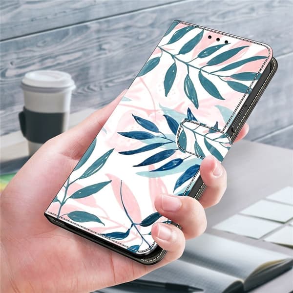 Galaxy A17 5G Konstläder Plånboksfodral Pattern Printing - Watercolor Leaves Vit