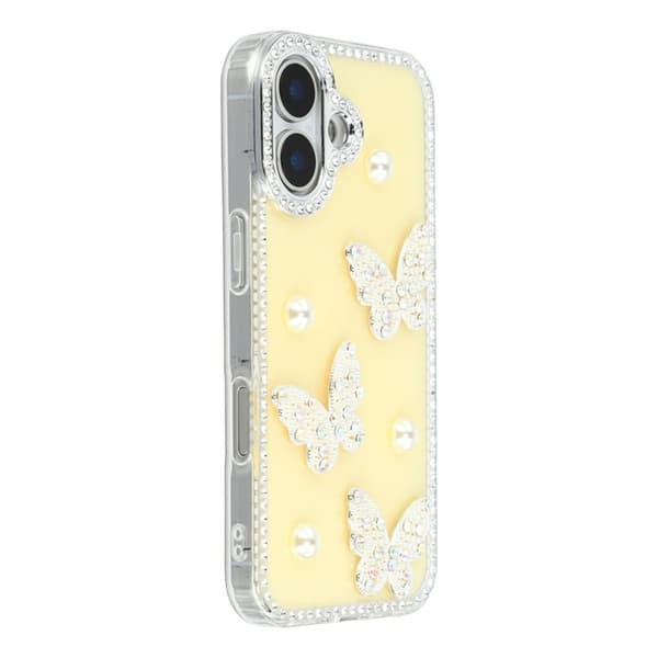 Mobilskal till iPhone 17 Rhinestone Edge Pearl Butterfly Gul