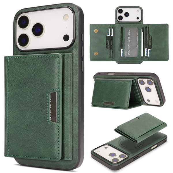 Mobilskal till iPhone 17 Pro MagSafe Kickstand Tri-fold Korthållare Grön