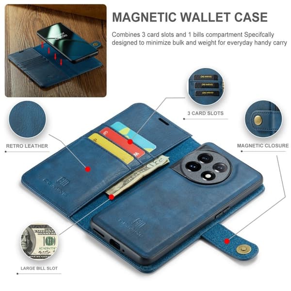 DG.MING OnePlus 11 5G Äkta Läder Plånboksfodral Detachable Magnet Blå