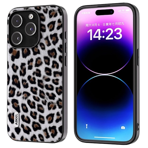 ABEEL Mobilskal till iPhone 15 Pro Leopardmönster PU Läder TPU PC Silver