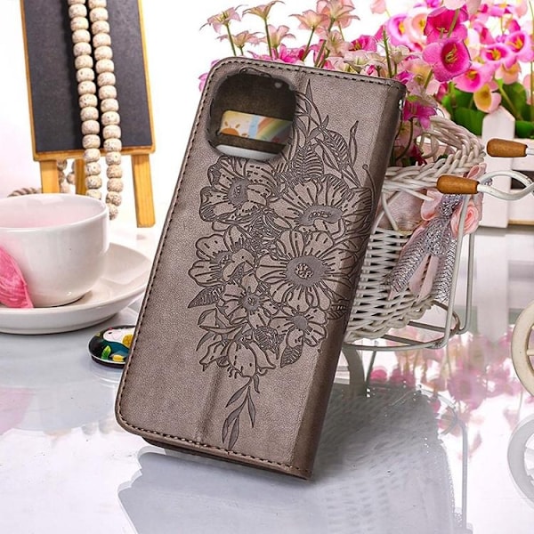 iPhone 14 Pro Plånboksfodral Butterfly Flower Imprinted - Grå