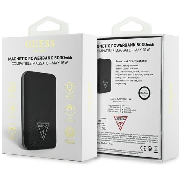 Guess MagSafe Trådlös Power Bank 5000mAh 15W USB-C Grained Triangle Inductive Svart