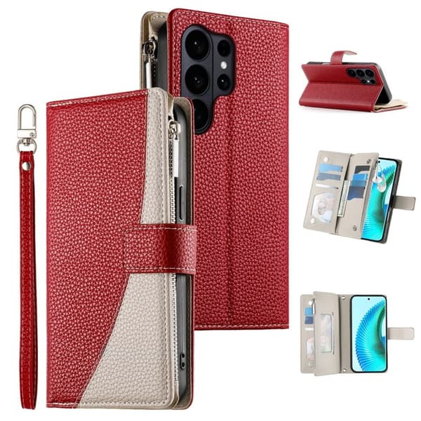 Samsung Galaxy S26 Ultra Plånboksfodral Dragkedja Konstläder Flip - Röd
