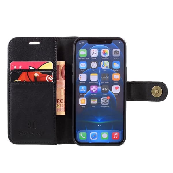 DG.MING iPhone 12 mini Plånboksfodral 2 i 1 Äkta läder Stöttålig Svart