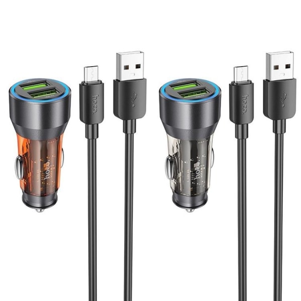 Hoco-autolaturi 2x USB-C/USB-A kaapelilla - oranssi/läpinäkyvä
