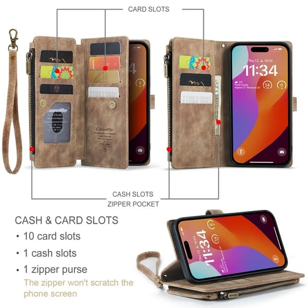 CASEME Konstläder Plånboksfodral för iPhone 16 Pro Max med Rem - Brun