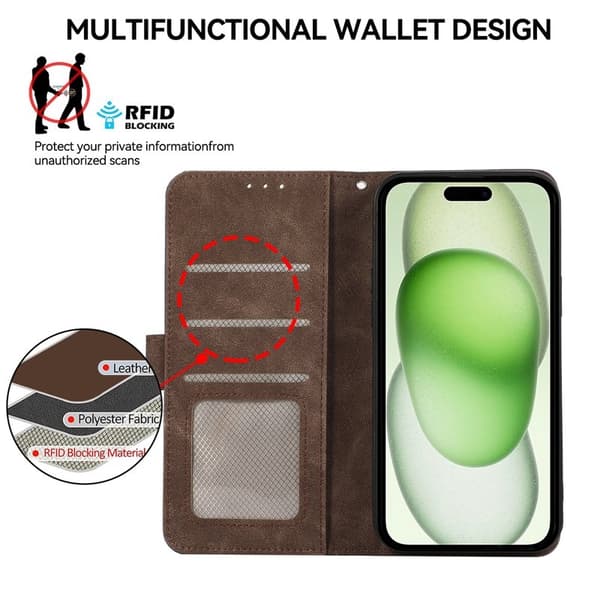 ABEEL iPhone 15 Plus Konstläder Plånboksfodral RFID-Skydd Kortfack Brun