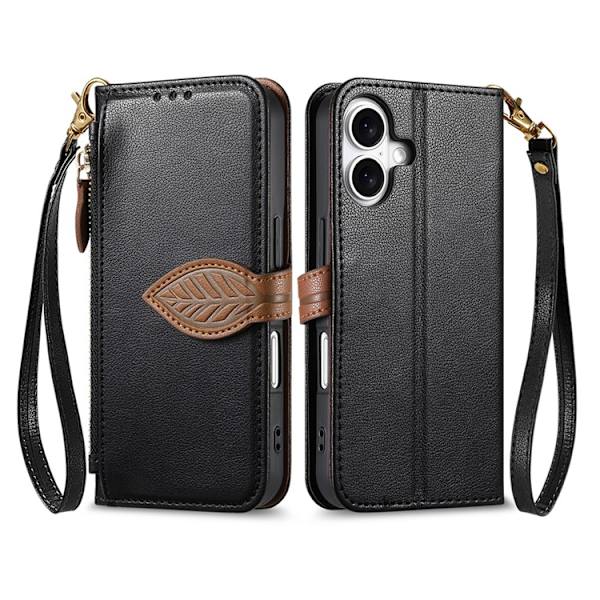 iPhone 17 Plånboksfodral Leaf Magnetiskt Spänne Konstläder Svart