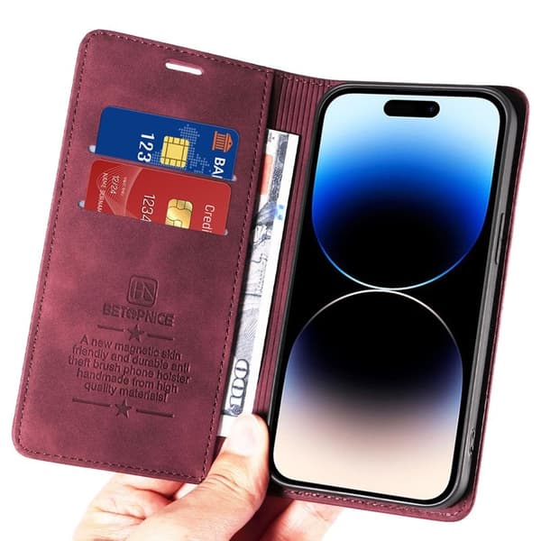 BETOPNICE 003 iPhone 15 Pro Max Plånboksfodral TPU + Konstläder - Röd