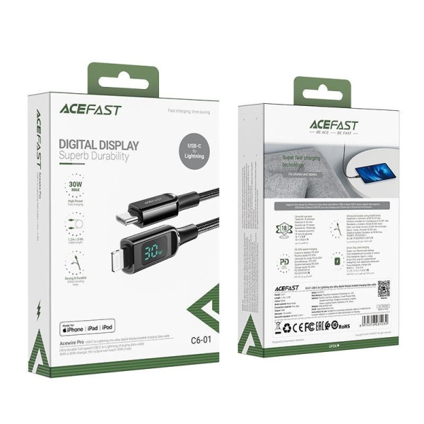 Acefast MFI USB USB-C till Lightning kabel 30W 1.2m - Svart