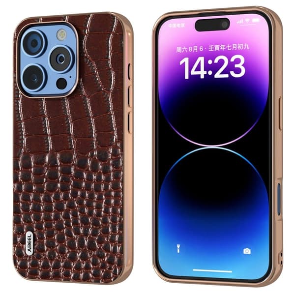 ABEEL Mobilskal till iPhone 16 Pro Max Äkta Läder Krokodilmönster Brun
