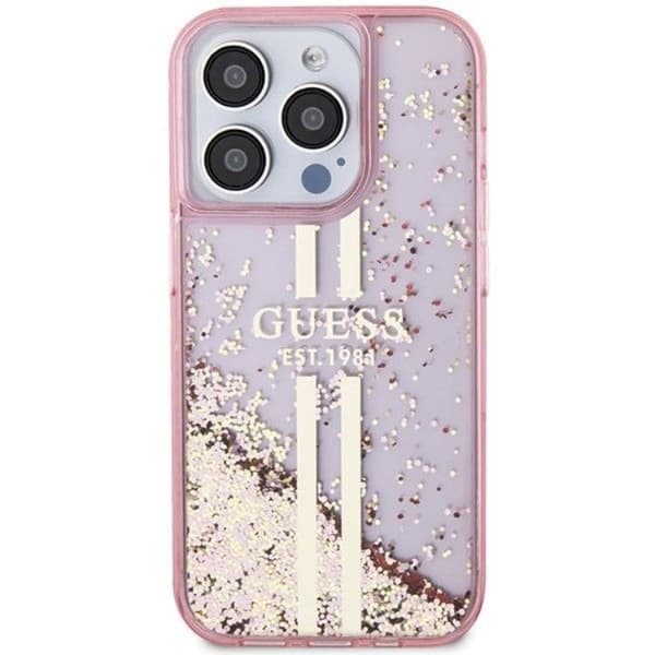Guess iPhone 15 Pro Mobilskal Liquid Glitter Gold Stripes Rosa