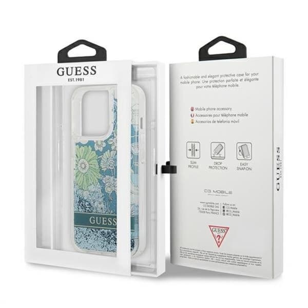 Guess iPhone 13 Pro Cover Flower Liquid Glitter - Grøn Grön