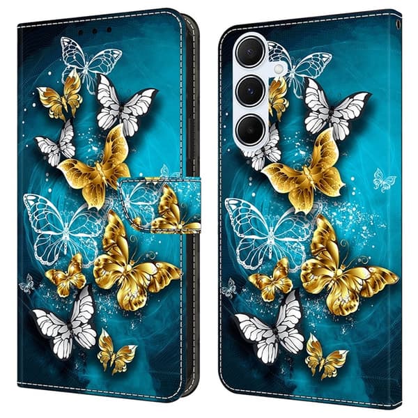 Galaxy A17 5G Konstläder Plånboksfodral Pattern Printing - Gold Butterfly Grön