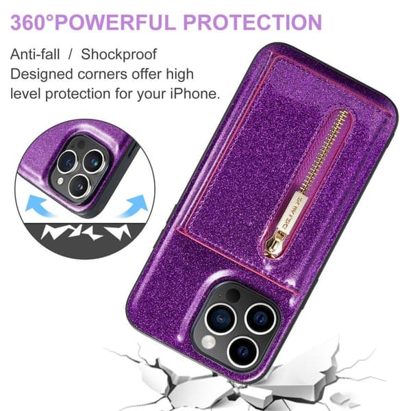DG.MING M3 Series iPhone 15 Pro Max Konstläder Plånboksfodral Glitter Lila