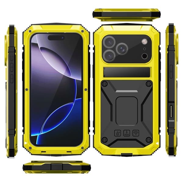 R-JUST Mobilskal till iPhone 17 Pro PC + Silikon + Metall Kickstand Gul