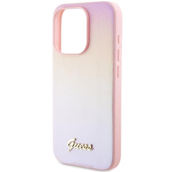 Guess Mobilskal till iPhone 15 Pro Saffiano Iridescent Script - Rosa Rosa