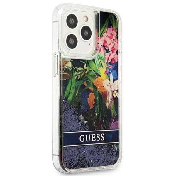 Guess iPhone 13 Pro Skal Flower Liquid Glitter - Sininen Blå