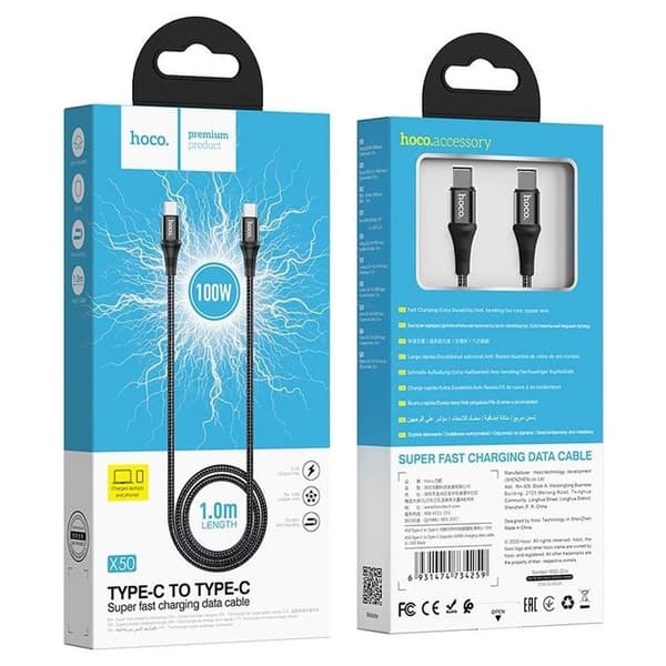 Hoco Exquisito USB-C till USB-C -kaapeli 100W 1m - Musta Black