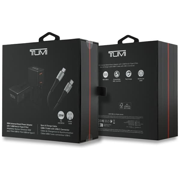 TUMI Reseladdare Adapter 25W USB-C/USB-A + USB-C/USB-C Kabel – Svart