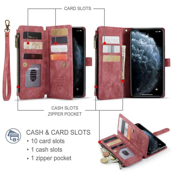 CASEME Konstläder Plånboksfodral för iPhone 11 Pro Max med Rem - Röd