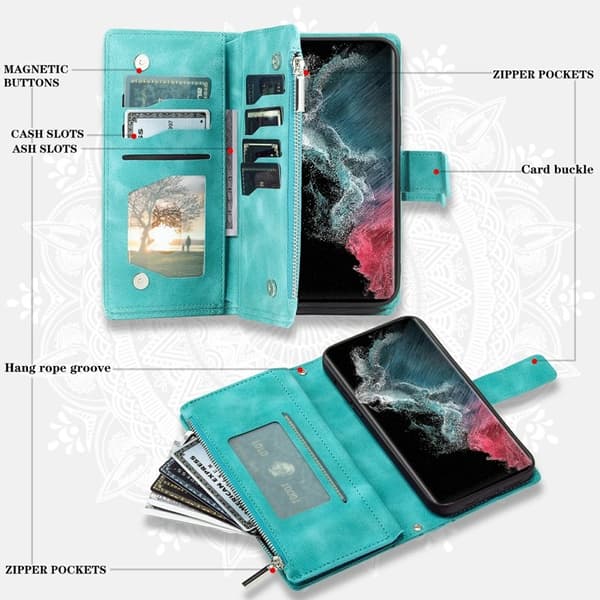 Samsung Galaxy S26 Ultra Plånboksfodral Mandala Blommönster Konstläder Mintgrön