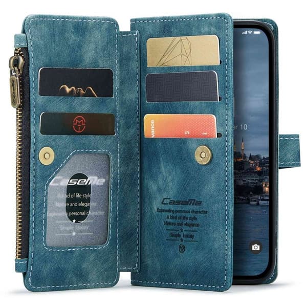 CASEME C30 iPhone 14 Pro Plånboksfodral Konstläder Blå med Kortfack
