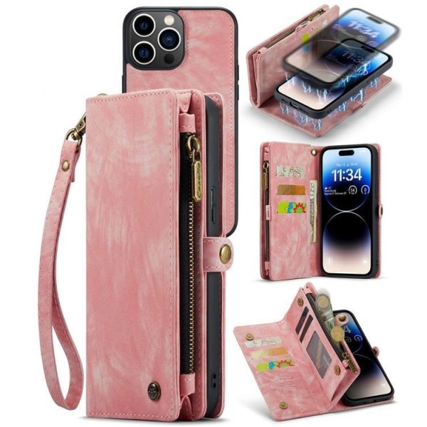 CASEME iPhone 14 Pro Pung Taske Ægte Læder Aftagelig - Pink