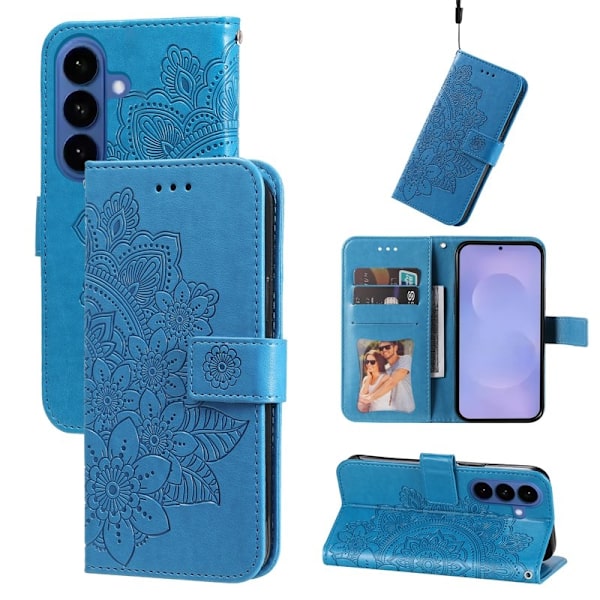 Samsung Galaxy S26 Plus Plånboksfodral Blommönster Konstläder Ställ - Blå