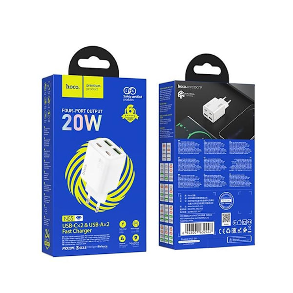Hoco Snabbladdare PD 30W 2xUSB-A 2xUSB-C QC3.0 3A N56 - Vit