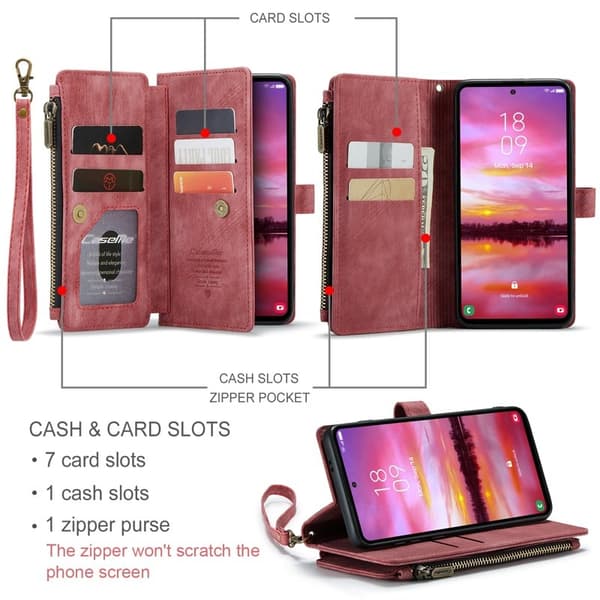 CASEME Konstläder Plånboksfodral för Samsung Galaxy S25 med Rem - Röd