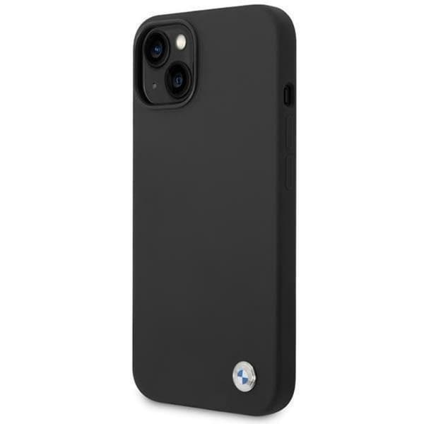 BMW iPhone 14 Plus -kuori, silikoni, metallilogo - Musta Black