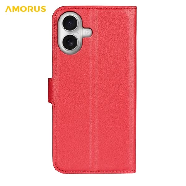 AMORUS iPhone 17 Konstläder Plånboksfodral Flipstativ Litchi - Röd Röd