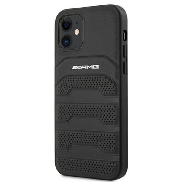 AMG Ægte Læder Debossed Lines Cover iPhone 12 Mini - Sort Black