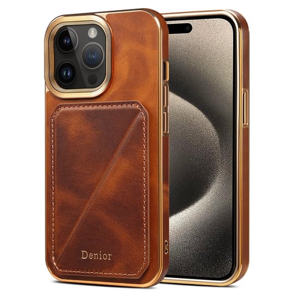 DENIOR Mobilskal till iPhone 15 Pro Max Kortfodral Äkta Läder TPU PC - Brun