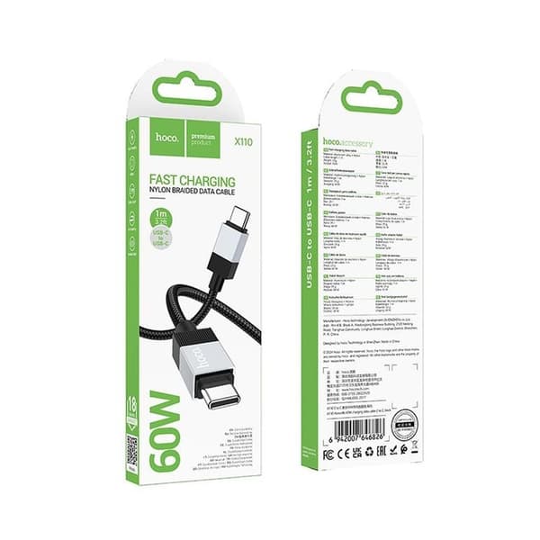 Hoco USB-C - USB-C 60W 3A Kabel 1m X110 - Svart Svart
