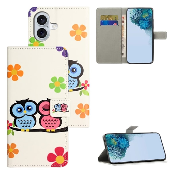 iPhone 17 Konstläder Plånboksfodral Pattern Print - Par ugglor Vit