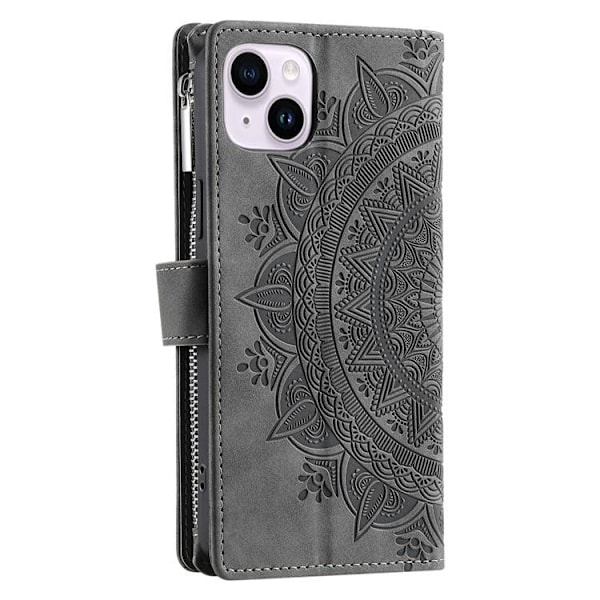 iPhone 15 Plus Plånboksfodral Mandala Flower Imprinted - Grå