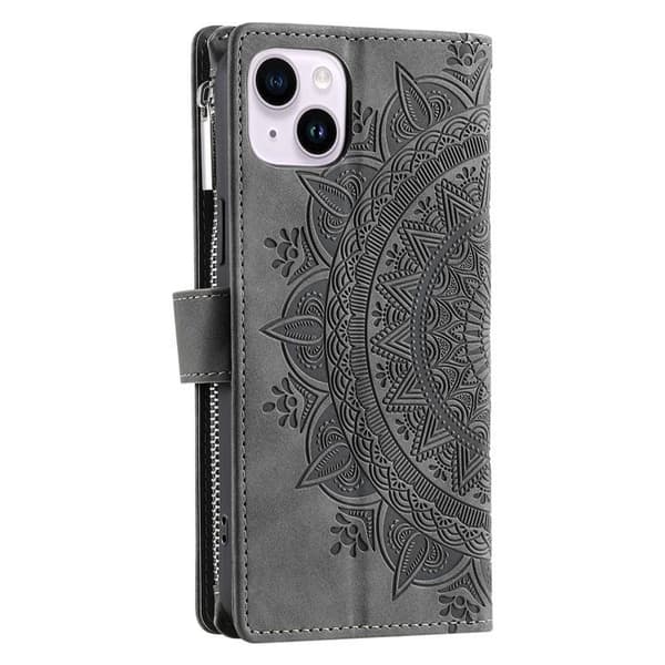 iPhone 15 Plus Pungeetui Mandala Flower Imprinted - Grå Grå