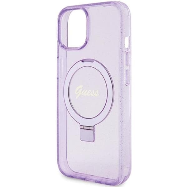 Guess iPhone 15/14 Plus Cover Magsafe Ringholder Script Glimmer Lila