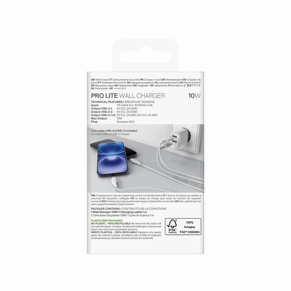 Puro Väggladdare 10W 2x USB-A + USB-A - USB-C Kabel 1.2m Polite Vit