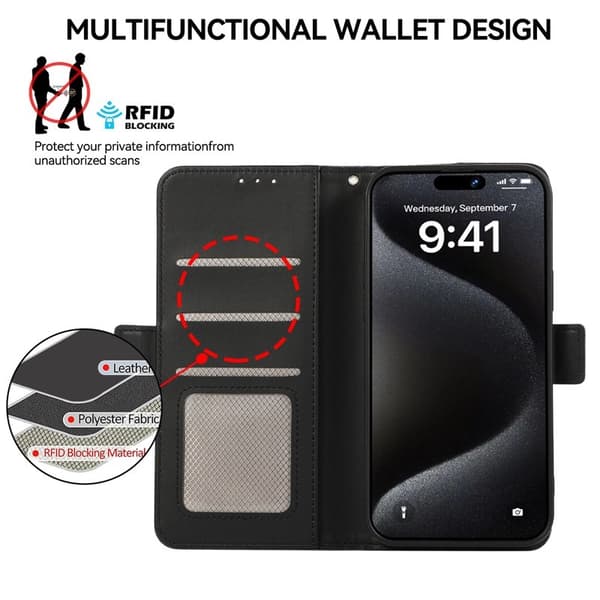 ABEEL iPhone 16 Pro Plånboksfodral Konstläder RFID-Skydd Magnetisk - Svart