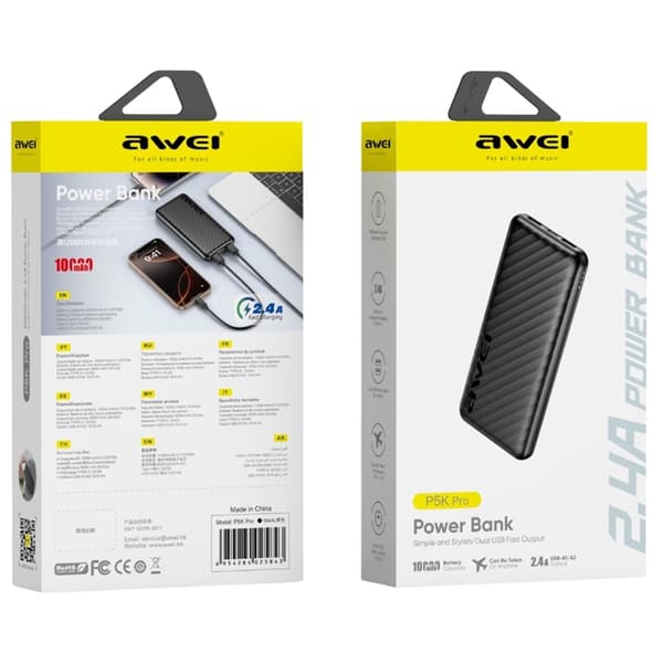 Awei Powerbank 10000mAh 2xUSB-A P5K Pro - Svart
