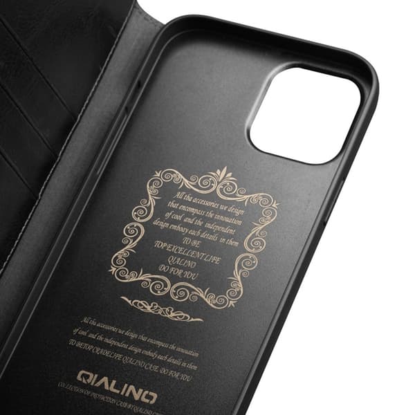 QIALINO iPhone 12 Pro Max Plånboksfodral Äkta Läder Shockproof - Svart Svart