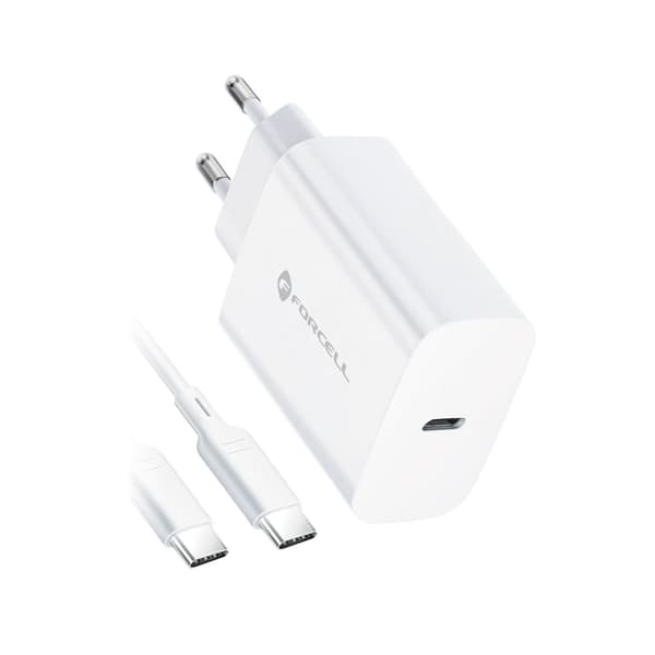 Forcell USB C Reseladdare med Type C kabel 25W QC 4.0 1m Vit