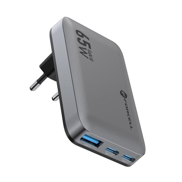 Forcell Hurtigoplader 65W 2 x USB-C - USB-A GaN PD QC4.0 Grå Grå