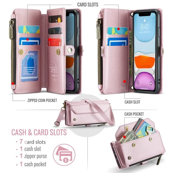 CASEME iPhone 11 Plånboksfodral Konstläder med Dragkedja - Rosa